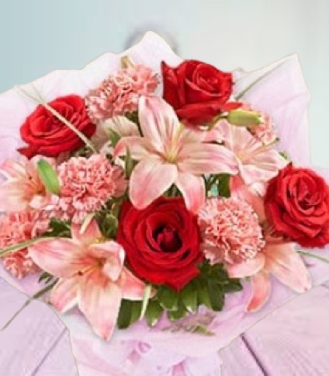 Mix Flower Bouquet - Rose, Lily And Carnations in Red & Pink Color
