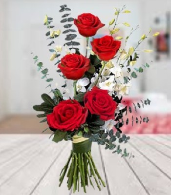 Red Rose Bouquet with Eucalyptus Leaves