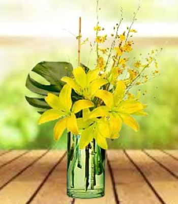 My Sunshine - Yellow Lilies and Dendobrium Orchids in Long Glass Vase