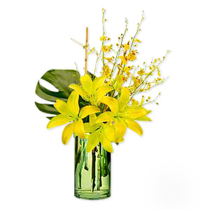 My Sunshine - Yellow Lilies and Dendobrium Orchids in Long Glass Vase