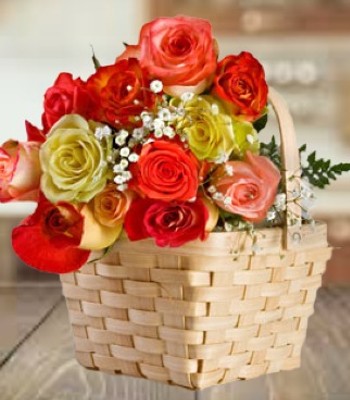 Happy Birthday Flower Basket - Dozen Mix Roses in Woven Basket