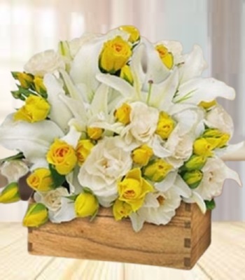 Lilies Roses and White Lisianthus In Fancy Wooden Box