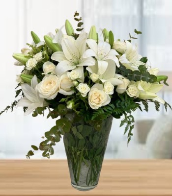 Sympathy Flower Arrangement - White Lily and Rose