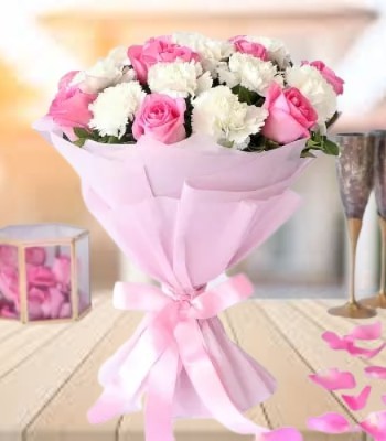 Rose and Carnation Bouquet - Pink & White Color Flowers