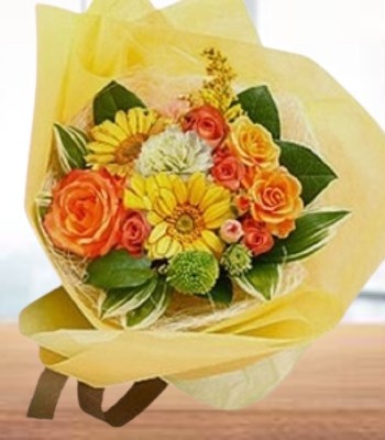 Roses Yellow Gerberas and Seasonal Flowers Hand-Tied Bouquet