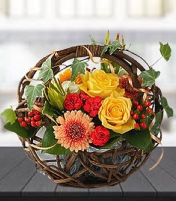 Seasonal Flowers - Roses Gerberas and Carnations in Basket