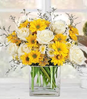 Morning Sunshine - Eclectic Mix Of Daisies Chrysanthemums and Roses