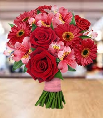 Mix Flower Bouquet - Rose, Gerbera and Alstromerias Hand-Tied