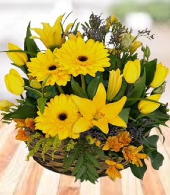 Mix Flower Basket - Yellow Seasonal Flowers