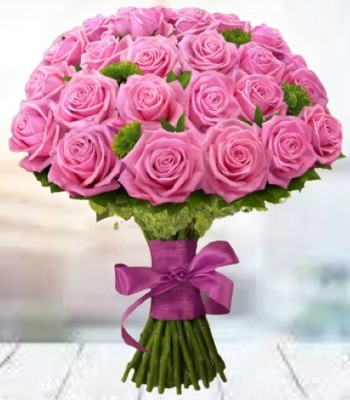 Pink Rose Bouquet - 24 Medium Stem Pink Roses Hand-Tied