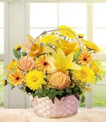 All Yellow Roses Lilies Carnations Gerberas and Chrysanthemums Basket