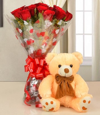 Rose Flower Bouquet - 12 Red Roses with Teddy Bear