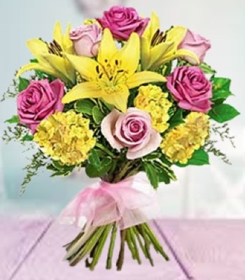 Pink & Yellow Flower Bouquet - Rose, Liliy & Carnation