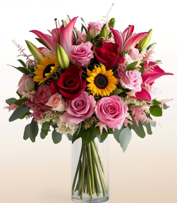 Bold Love Bouquet with Roses, Sunflowers & Lilies