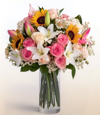 Elegant Mixed Bouquet with Sunflowers, Roses & Lilies