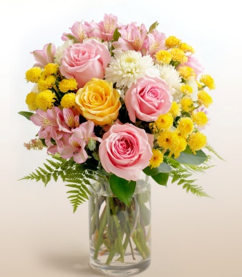 Joyful Bouquet with Pink Roses, Yellow Roses & Alstroemeria
