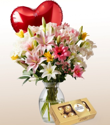 Romantic Flower with Balloon & Chocolates Arrangement