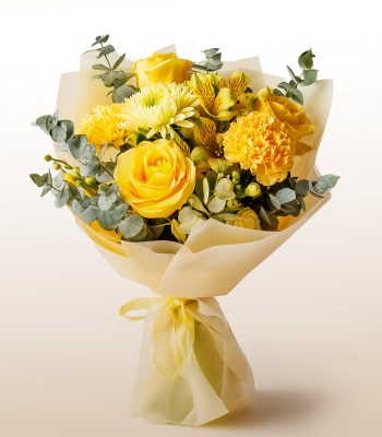 Sunny Yellow Roses & Carnations Bouquet with Eucalyptus