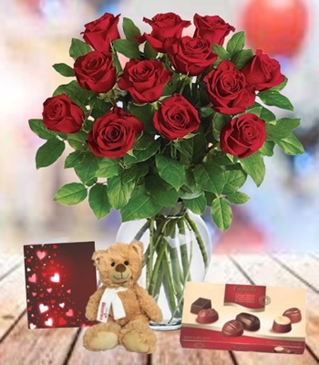 Red Rose Bouquet With Chocolate and Teddy Bear