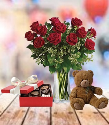 12 Long Stem Red Roses with Teddy and Chocolate