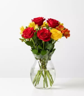Red and Yellow Roses in a Vase
