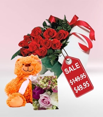 Anniversary Red Roses in Box With Teddy and Greeting Card