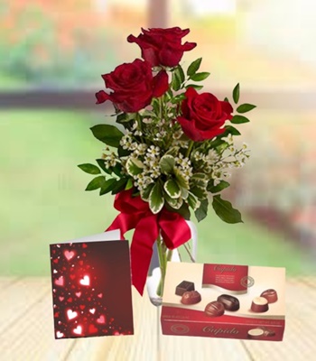 3 Red Roses With Free Chocolate and Greeting Card