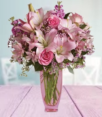 Pink Asiatic Lily and Rose Bouquet