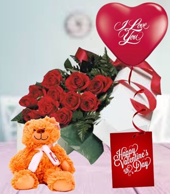 Valentine's Day Red Roses With Teddy and I Love You Balloon.