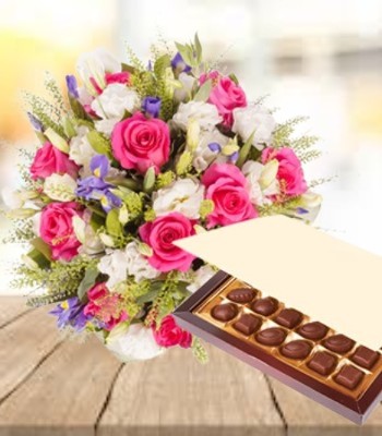 Mix Flower Bouquet - Pink Flowers with Chocolates