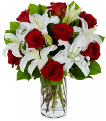 Red Roses and While Lilies In A Vase