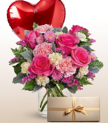 Flowers and Chocolate Box with Heart-Shaped Balloon