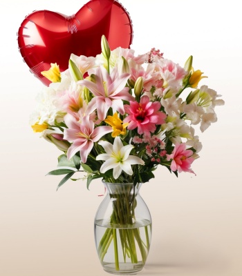 Mixed Flowers Arrangement in Vase with Balloon