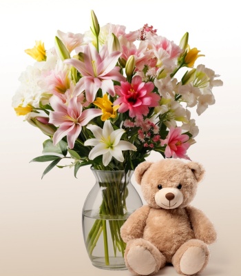 Mixed Flowers Arrangement in Vase with Teddy Bear