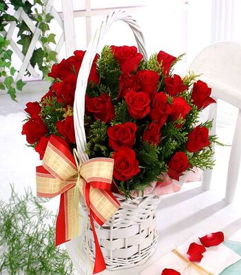 Flower Basket of Two Dozen Red Roses
