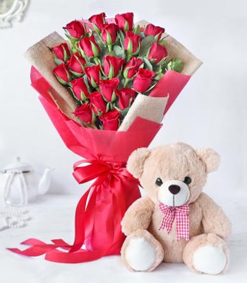 24 Red Rose Bouquet with Teddy Bear