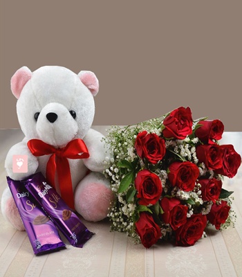 Valentine's Day Gift For Her - Red Roses With Teddy Bear & Chocolates
