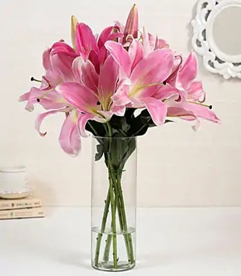 Pink Lilies in Glass Vase