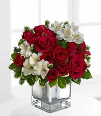 18 Red Roses & White Alstroemeria - Free Clear Glass Vase