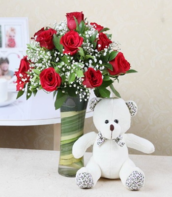 Romantic Red Roses with Teddy Bear