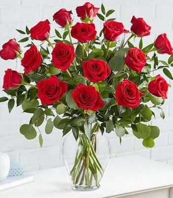 Blooming Love - 18 Red Roses in Clear Glass Vase