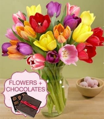 20 Muticolored Assorted Tulips with Chocolate box