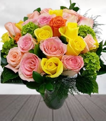 Rainbow of Love - 24 Mix Color Roses with Hydrangea and Designer Vase