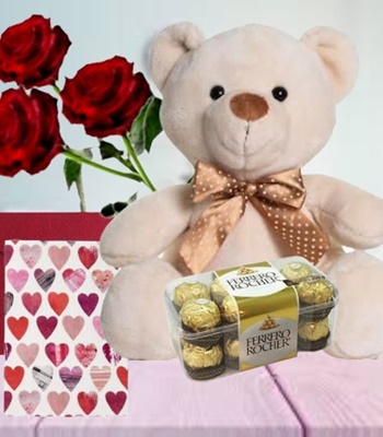 3 Red Roses With Teddy Bear and Ferrero Chocolates