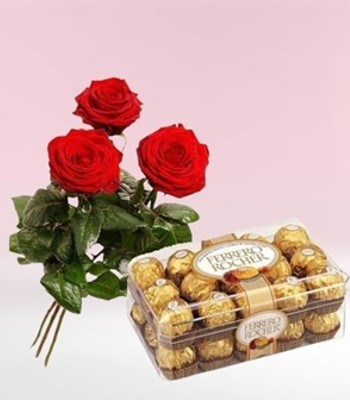Valentine's Day Love - 3 Red Roses with Ferrero Chocolates