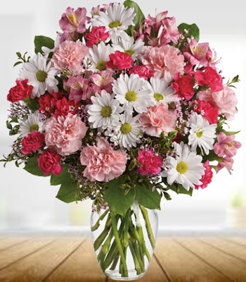 Pink Passion - Pink Seasonal Flowers in Glass Vase