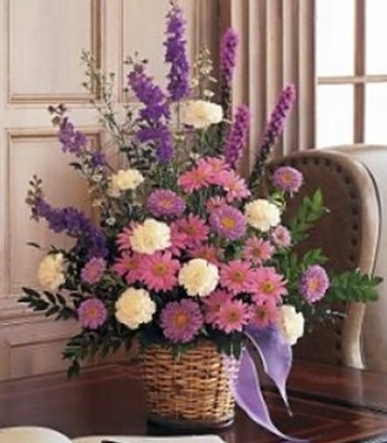 Lavender Reminder Basket asters, chrysanthemums and larkspur