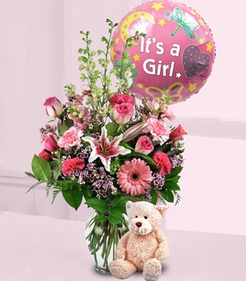It's a girl! Flowers with Cute Teddy Bear & Balloon