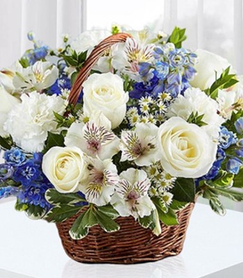 Graceful Basket - White Roses & Blue Delphinium