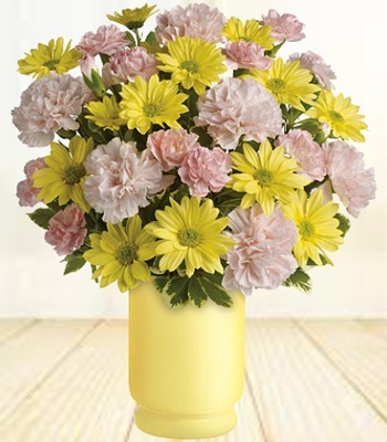 Carnations & Daisies in Yellow Vase